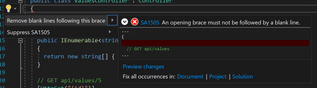 Visual studio showing the context menu for fixing roslyn errors automatically