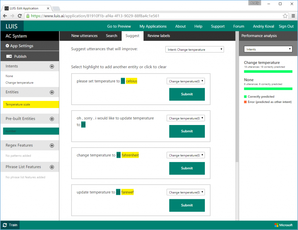 Example of LUIS's user interface